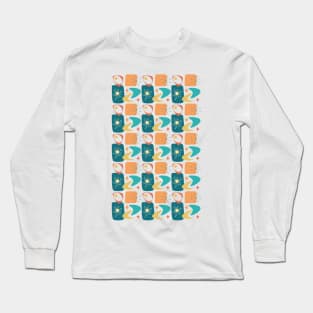 Atomic Age Mid-Century Pattern in Teal, Yellow and Orange Long Sleeve T-Shirt